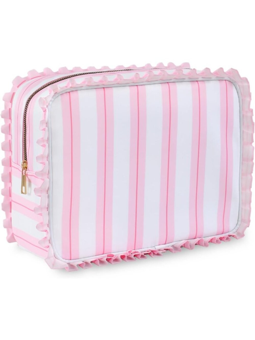 Chic Pink Stripe Ruffled Makeup Bag | Stylish Cosmetic Organizer & Travel Case